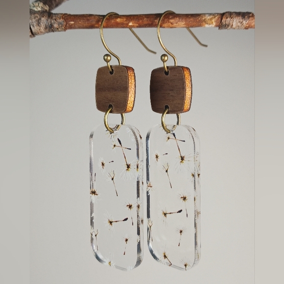 HAND CRAFTED EARRINGS Wood Acrylic Dandelion Statement Dangle Drop - Picture 5 of 7